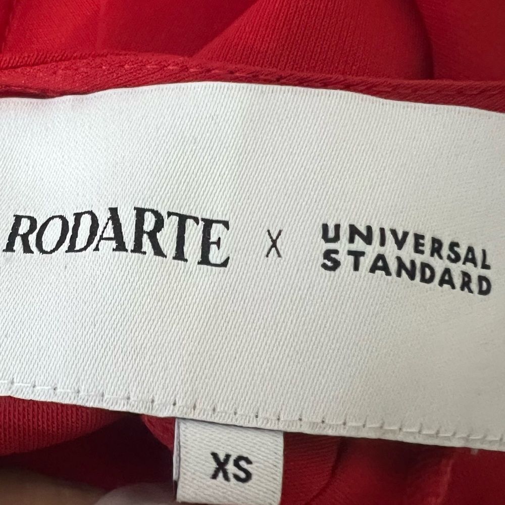 RODARTE X UNIVERSAL STANDARD dress Sz XS Red Ruched Tie Sleeve Ruffle midi - Picture 5 of 6